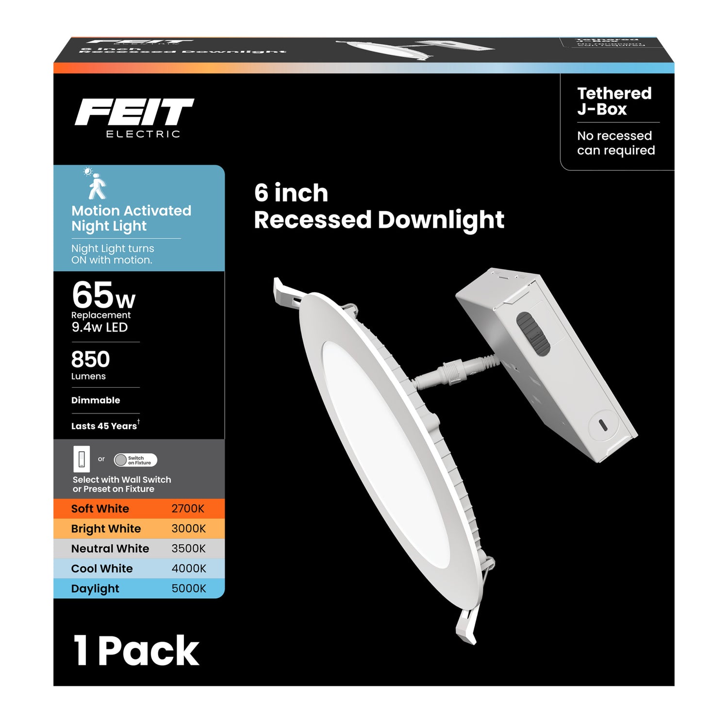 6 in. 9.4W (65W Replacement) Adjustable White Canless LED Recessed Lights with Switch Mode and Motion Night Light