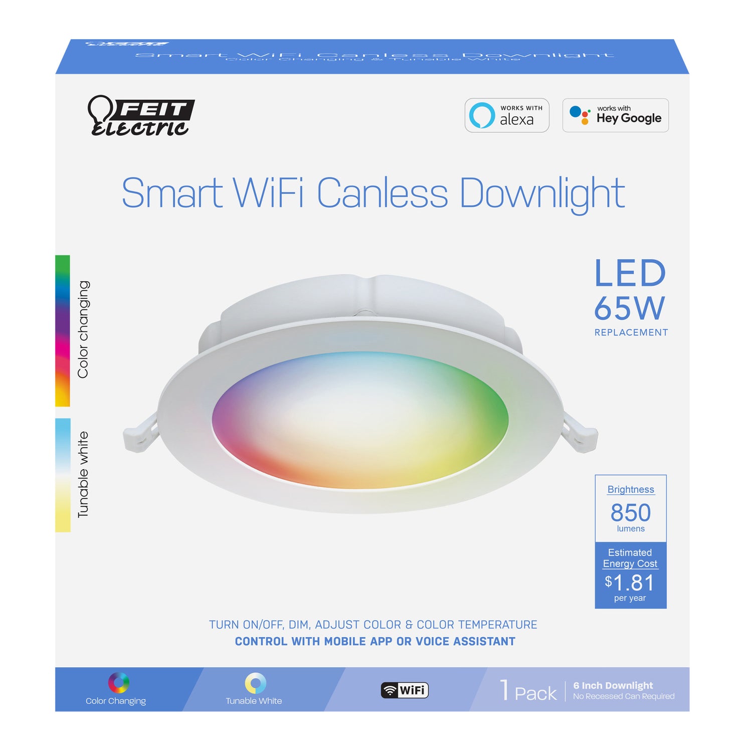 6 in. 15W (65W Replacement) Tethered J-Box Smart Canless LED Downlight