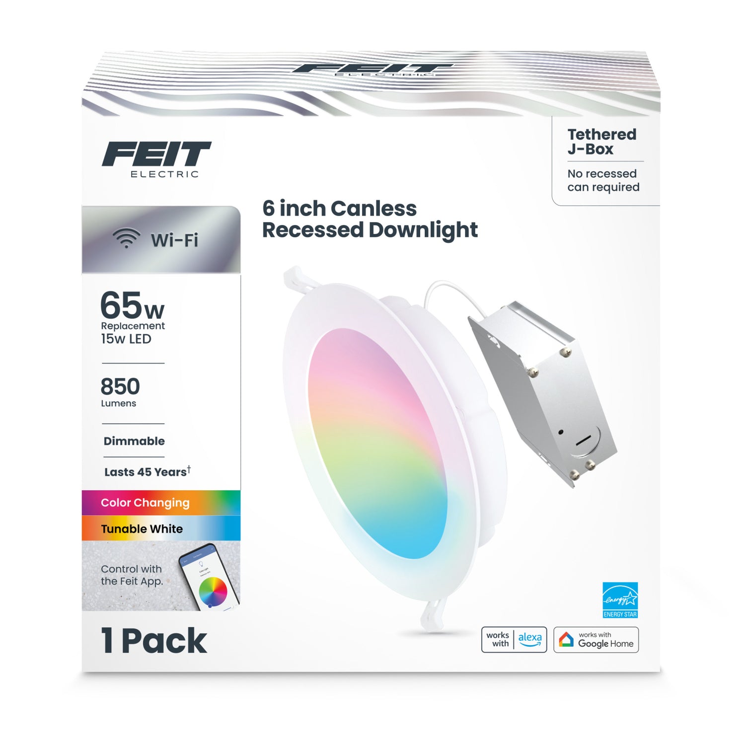 6 in. 15W (65W Replacement) Tethered J-Box Smart Canless LED Downlight