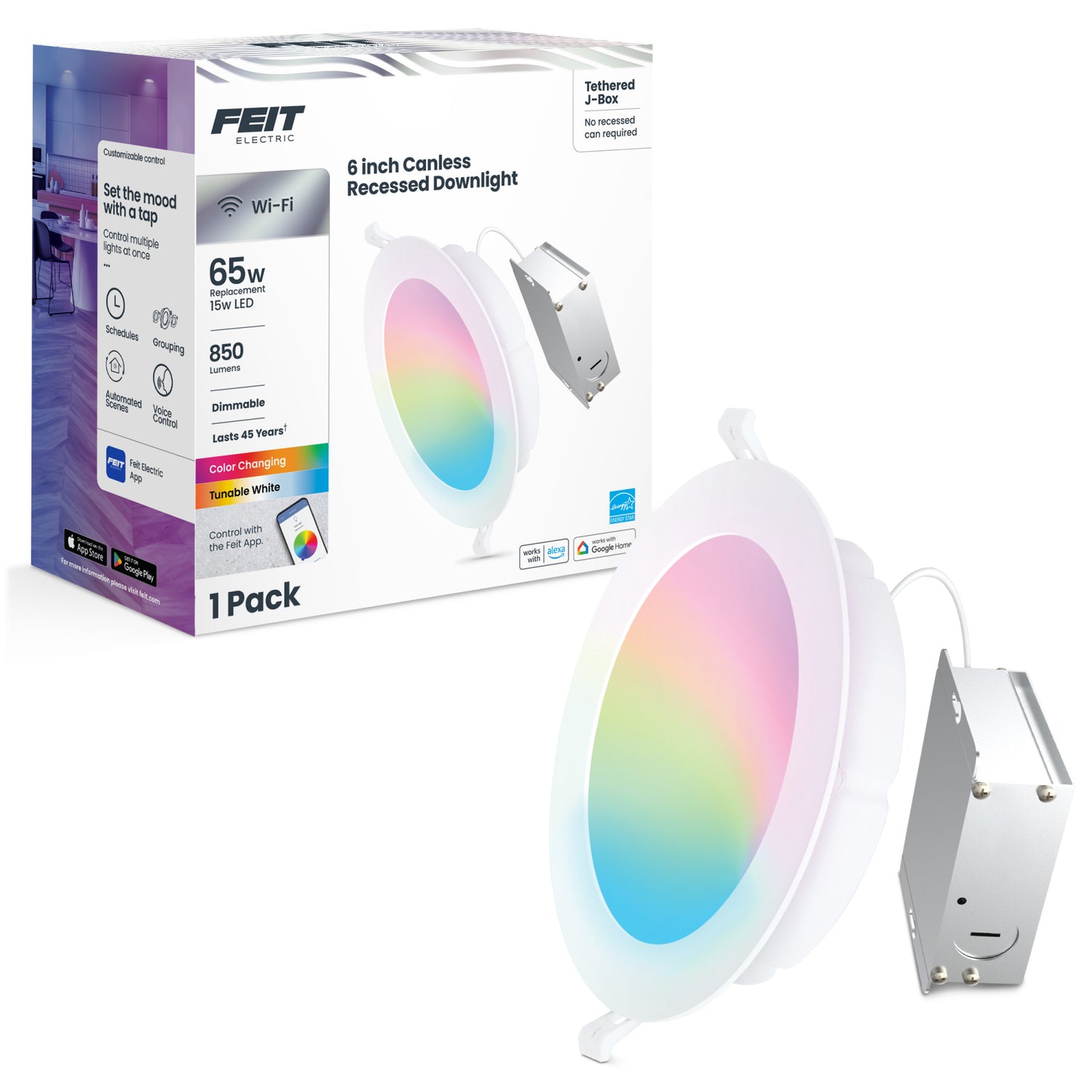 6 in. 15W (65W Replacement) Tethered J-Box Smart Canless LED Downlight