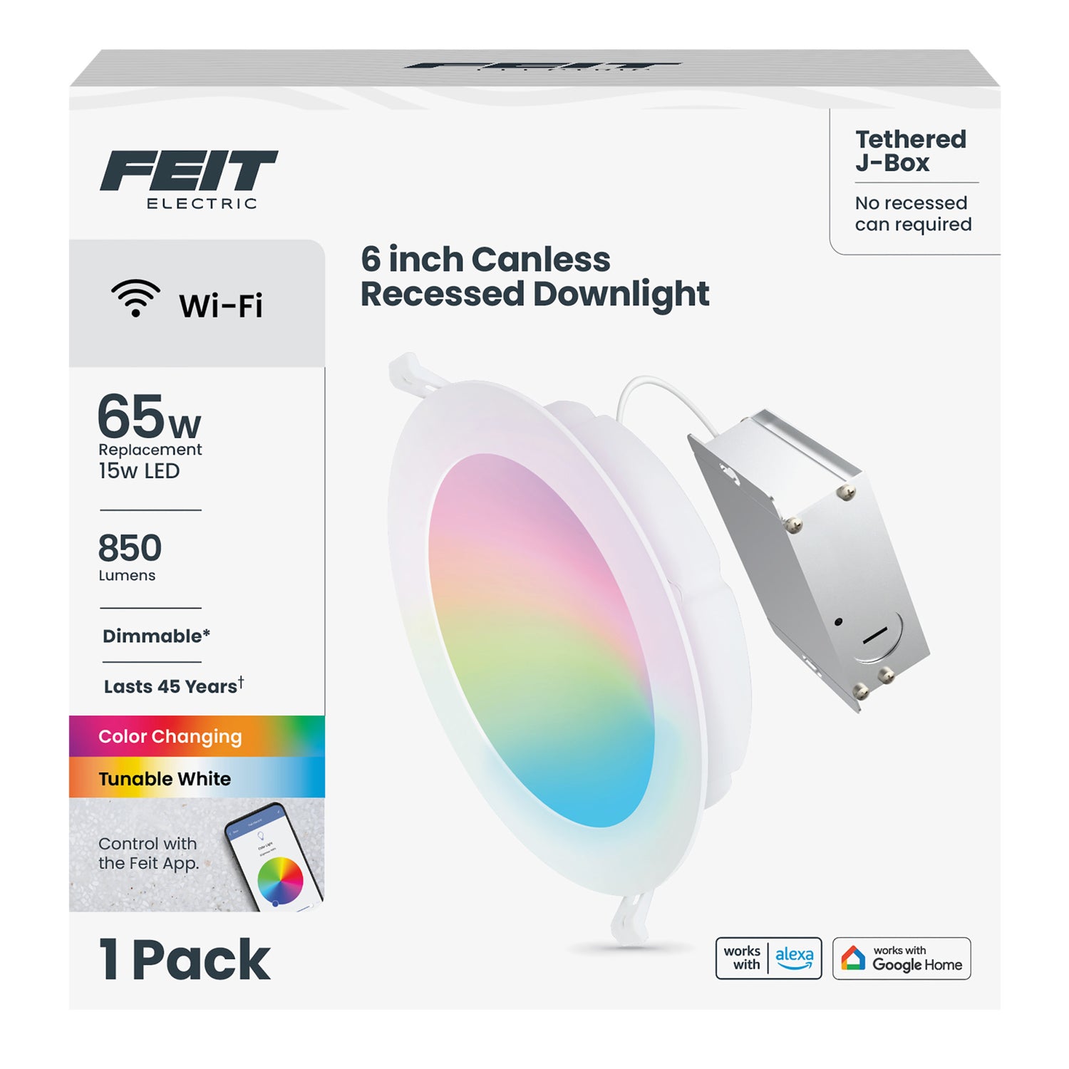 6 in. 15W (65W Replacement) Tethered J-Box Smart Canless LED Downlight