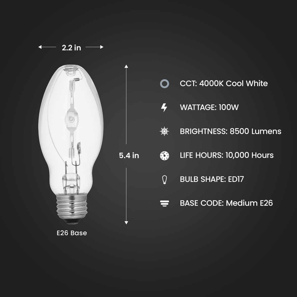 100W Cool White (4000K) ED17 Shape E26 Medium Base Clear Metal Halide High Intensity Discharge HID Light Bulb