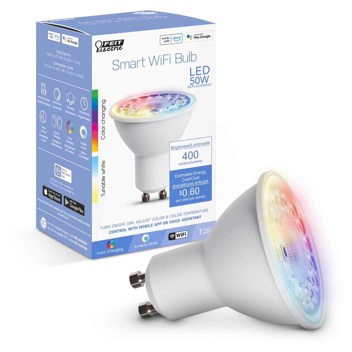 5W (50W Replacement) RGBW Color GU10 Base MR16 Alexa Google Siri Smart Wi-Fi LED Light Bulb