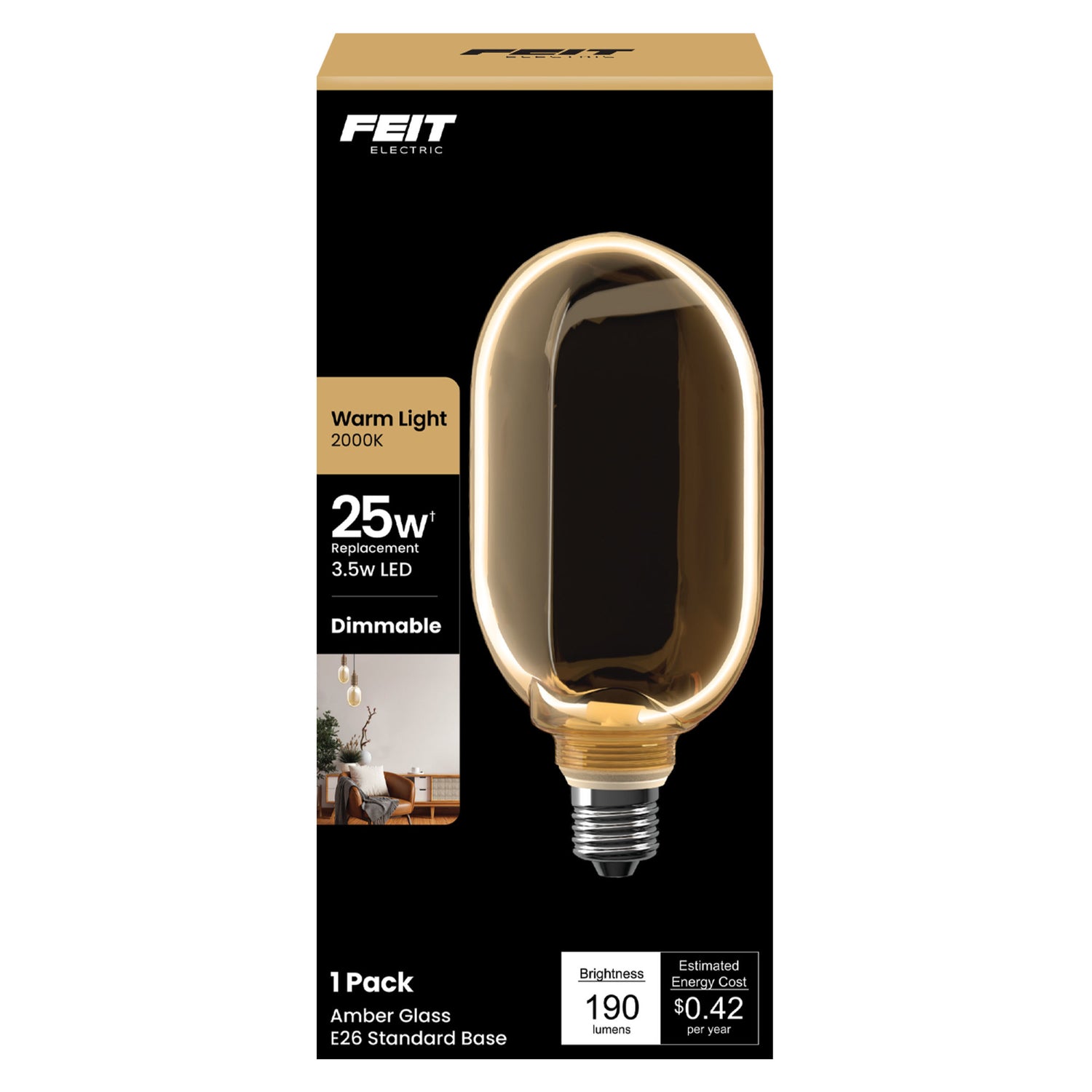 3.5W (25W Replacement) E26 Base Dimmable Amber Glass LED Light Bulb