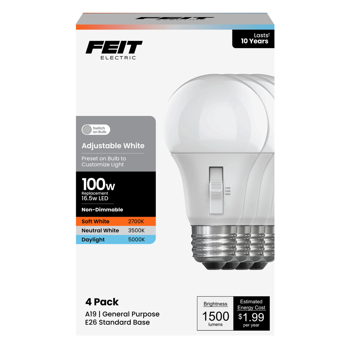 16.5W (100W Replacement) Adjustable White E26 Base A19 Non-Dimmable Enhance LED Bulb (4-Pack)