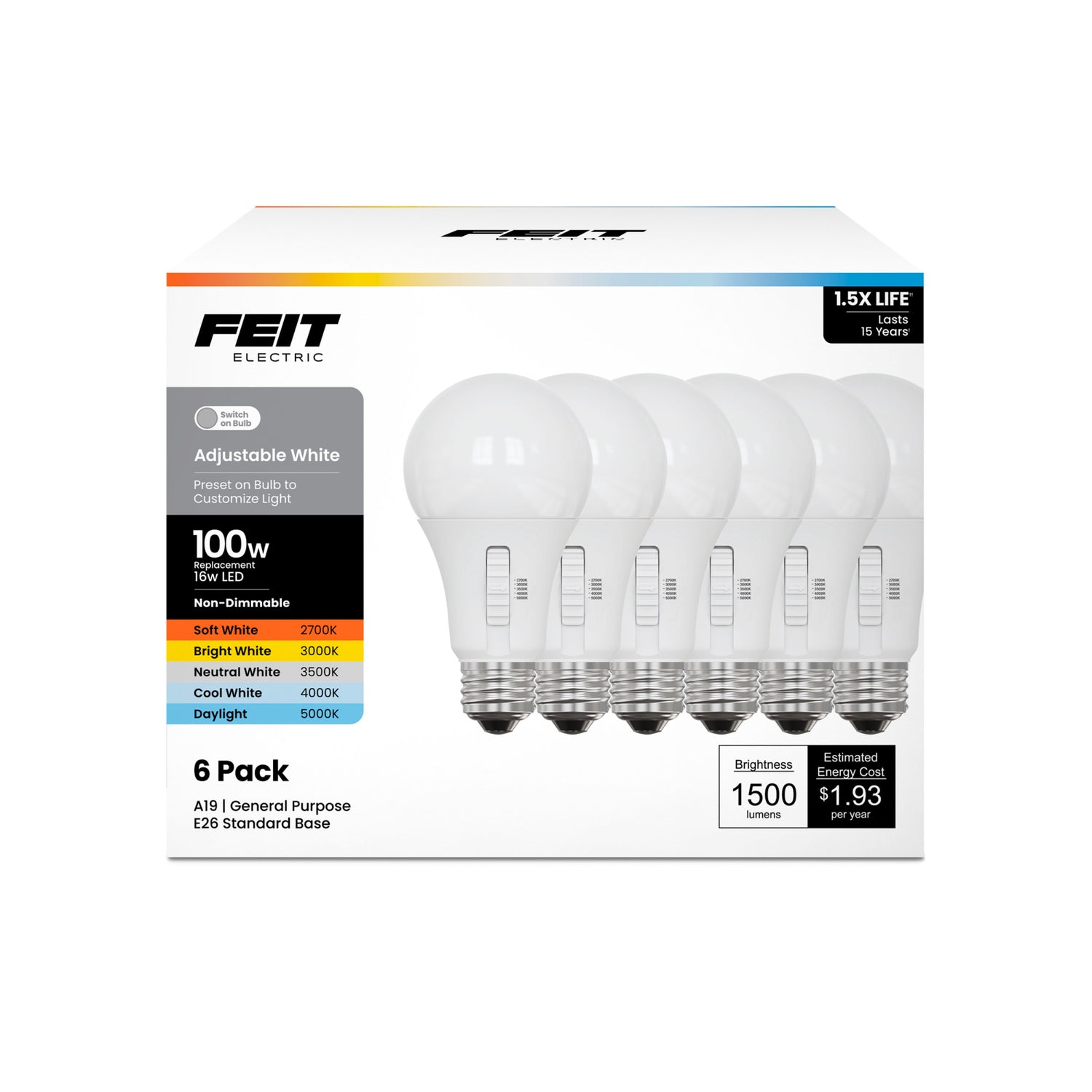 16W (100W Replacement) Adjustable White E26 Base A19 LED Bulb (6-Pack)