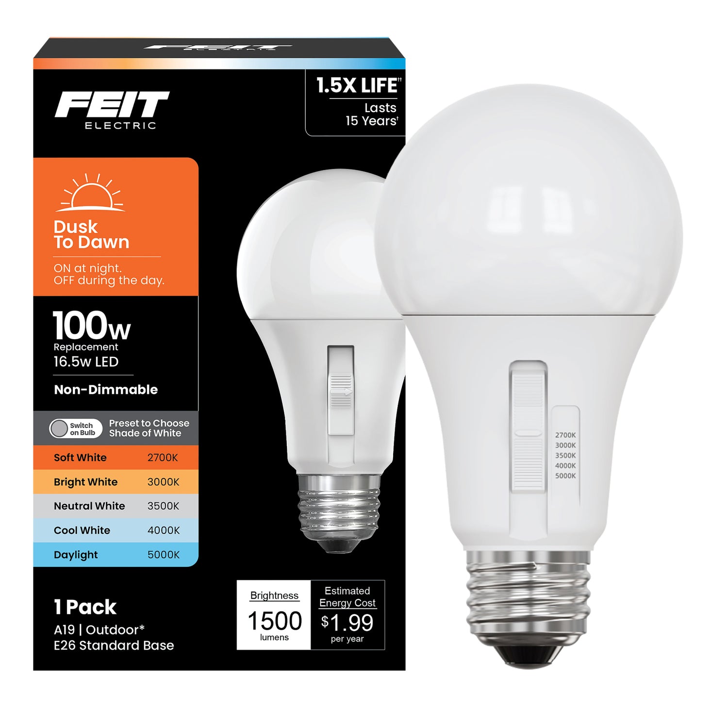 16.5W (100W Replacement) Adjustable White Dusk to Dawn LED Bulb