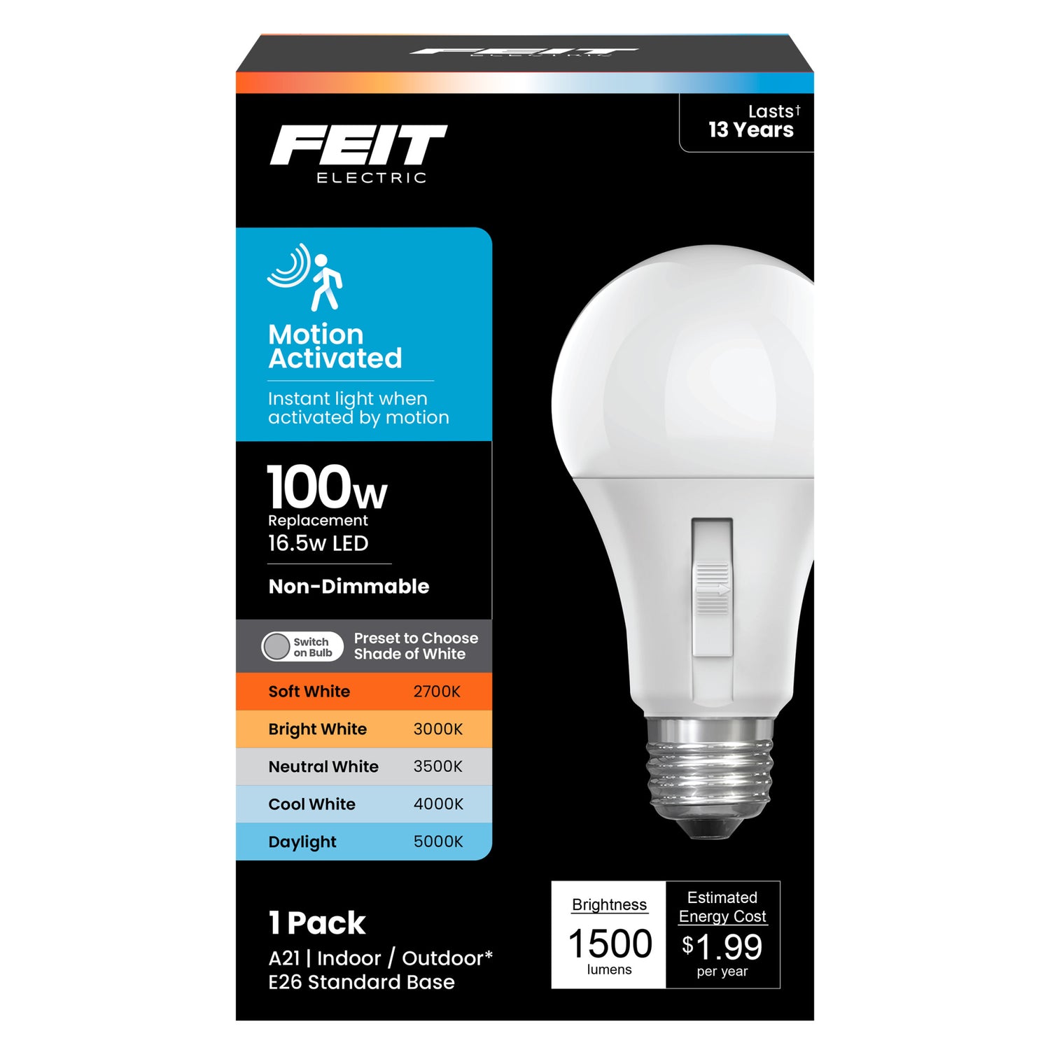 16.5W (100W Replacement) Adjustable White E26 Base Non-Dimmable Motion Sensor LED Bulb