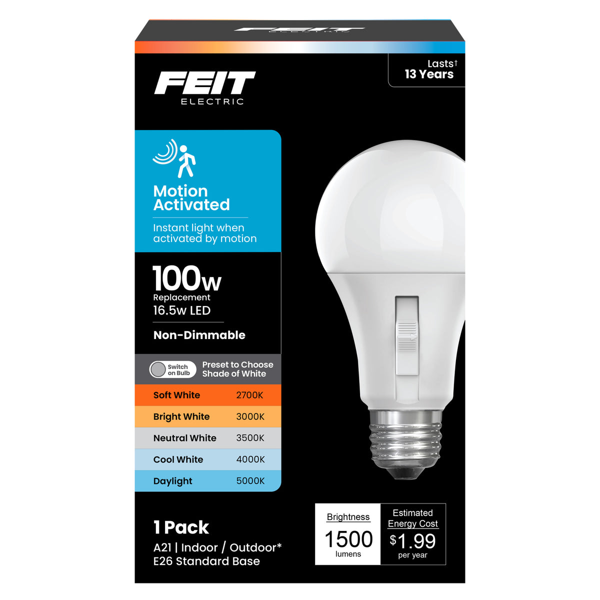 16.5W (100W Replacement) Adjustable White E26 Base Non-Dimmable Motion Sensor LED Bulb
