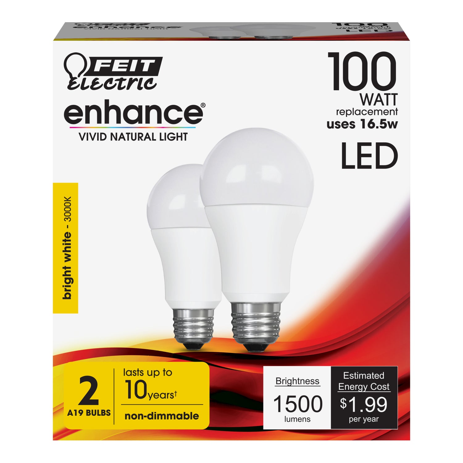 16.5W (100W Replacement) Bright White (3000K) E26 Base A19 Non-Dimmable Enhance 10K LED Light Bulb (2-Pack)