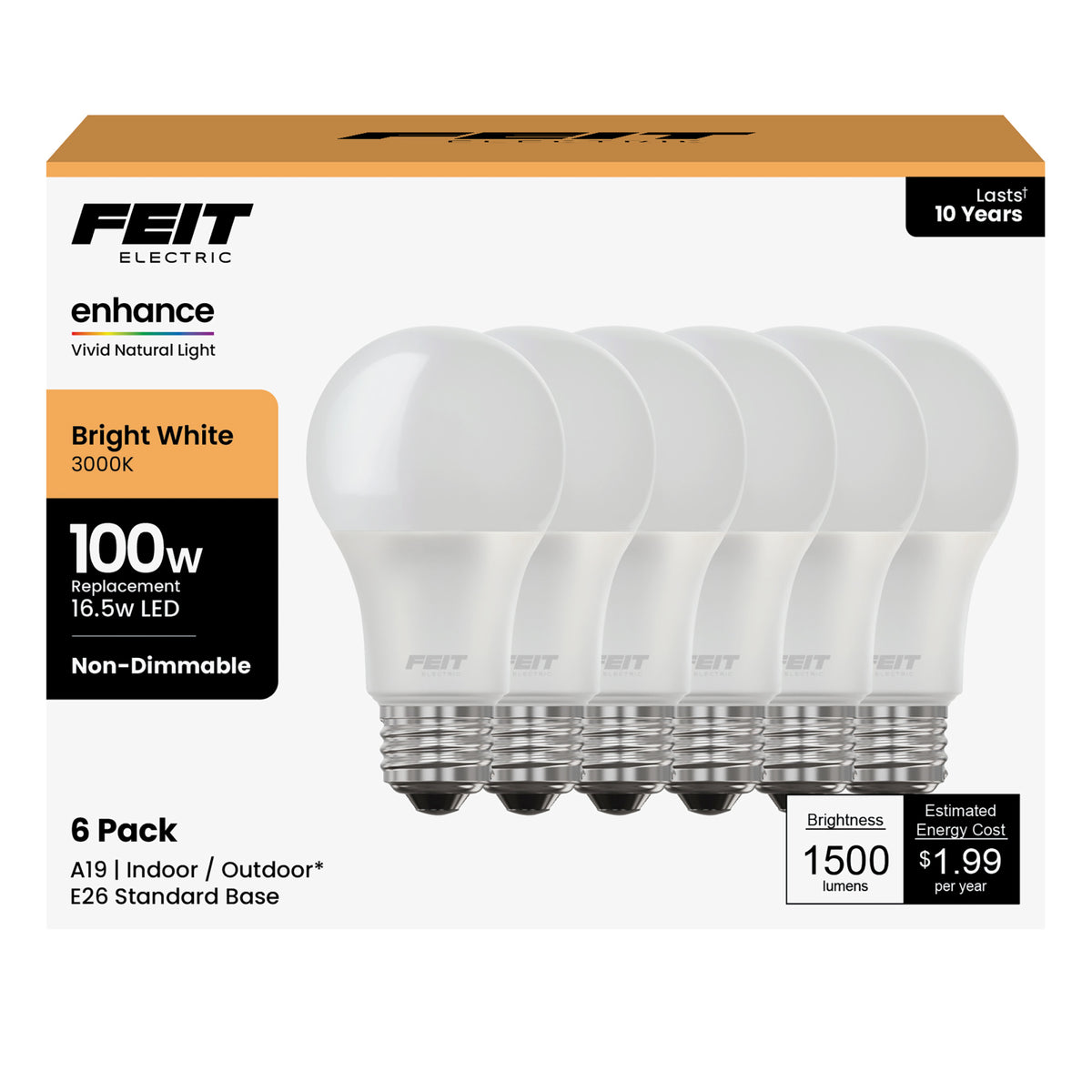 16.5W (100W Replacement) Bright White (3000K) E26 Base A19 Non-Dimmable General Purpose Enhance LED Bulb (6-Pack)