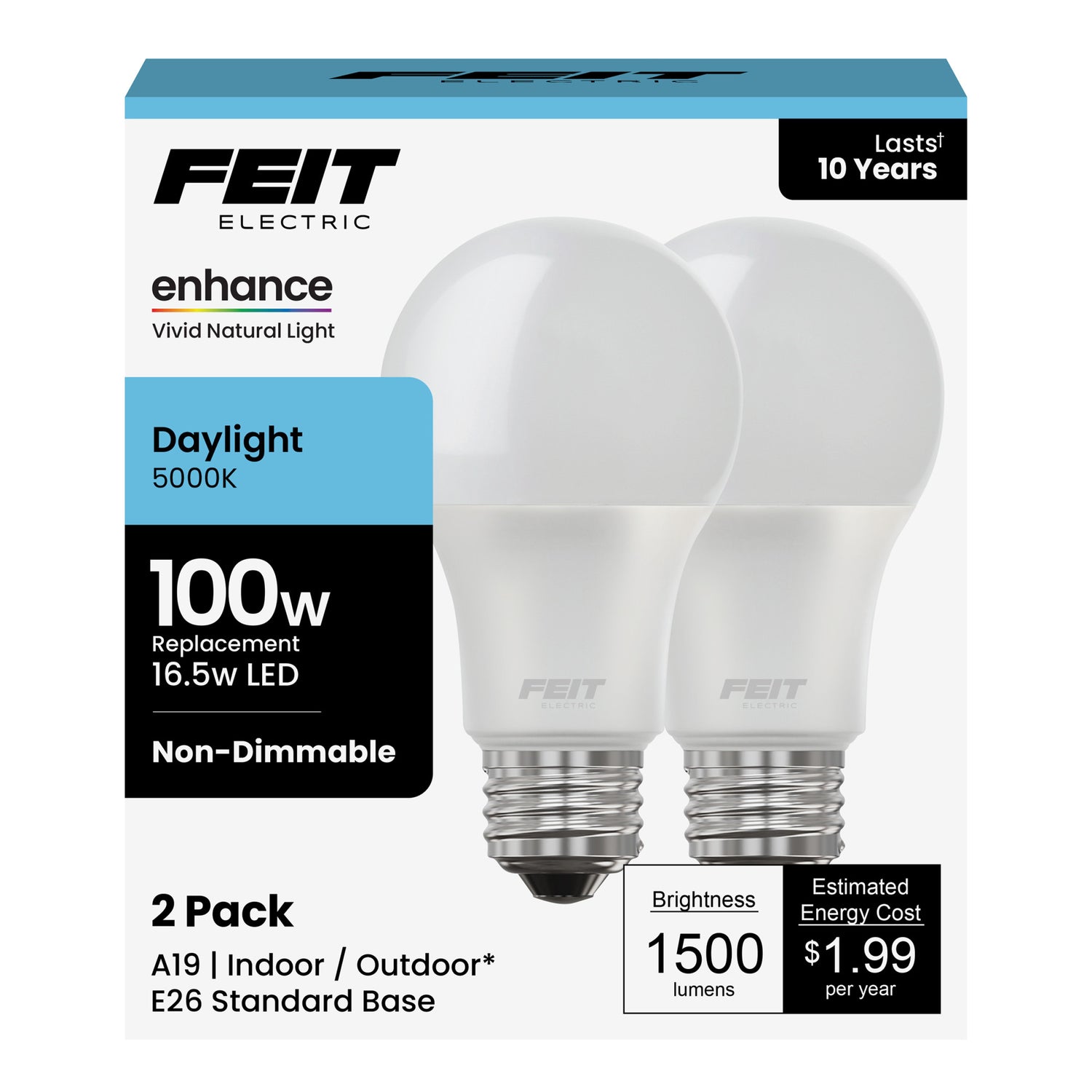 16.5W (100W Replacement) Daylight (5000K) E26 Base A19 Enhance Non-Dimmable LED Bulb (2-Pack)