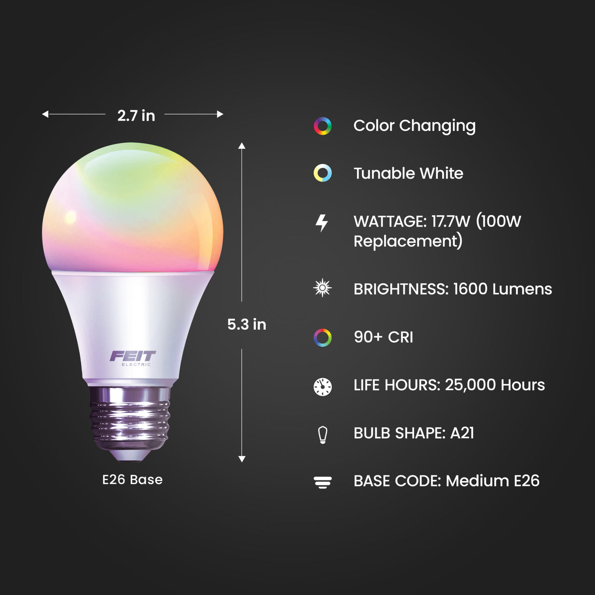 17.7W (100W Replacement) Color RGBW A21 (E26 Base) Dimmable Alexa Google Smart LED Bulb