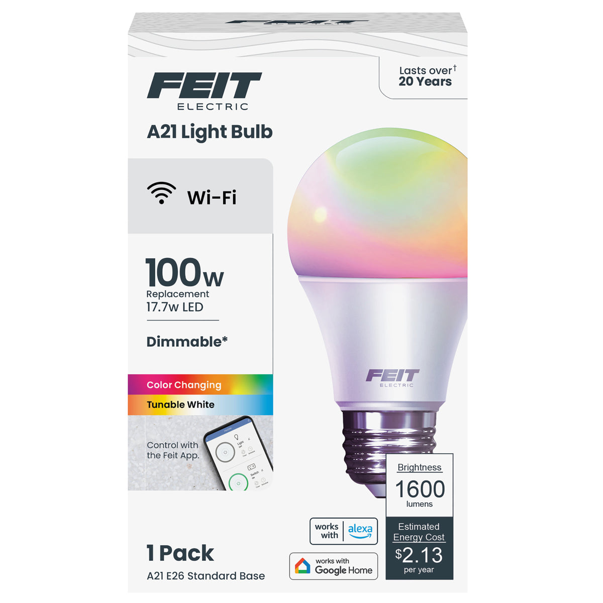 17.7W (100W Replacement) Color RGBW A21 (E26 Base) Dimmable Alexa Google Smart LED Bulb