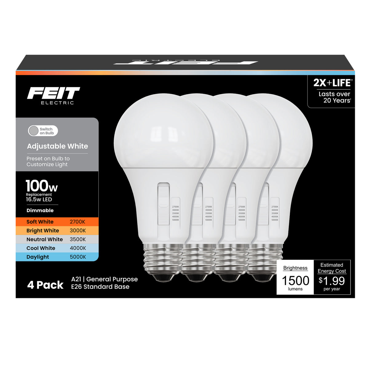 16.5W (100W Replacement) Adjustable White E26 Base A21 LED Bulb (4-Pack)
