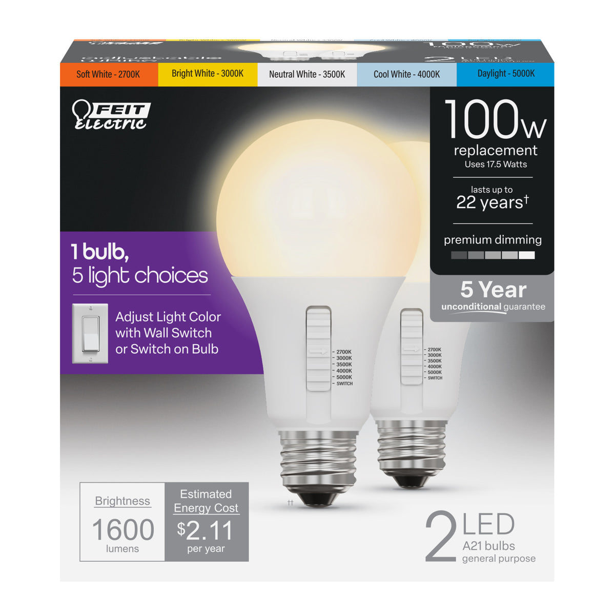 17.5W (100W Equivalent) Adjustable White (5CCT) Dimmable LED Light Bulb with Switch Mode (2-Pack)