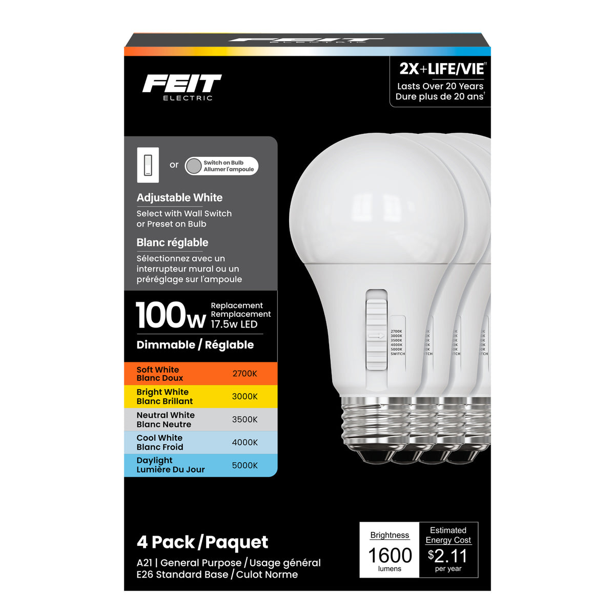 17.5W (100W Equivalent) Adjustable White Dimmable LED Light Bulb with Switch Mode (4-Pack)