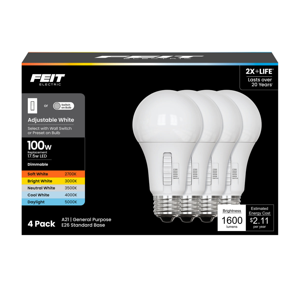 17.5W (100W Equivalent) Adjustable White Dimmable LED Light Bulb with Switch Mode (4-Pack)