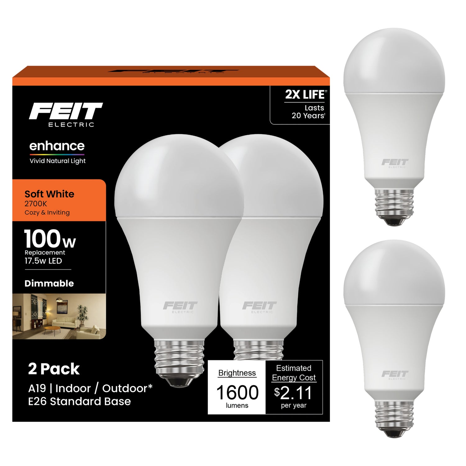 100W Replacement Soft White A19 Dimmable LED Enhance LED (2-Pack)