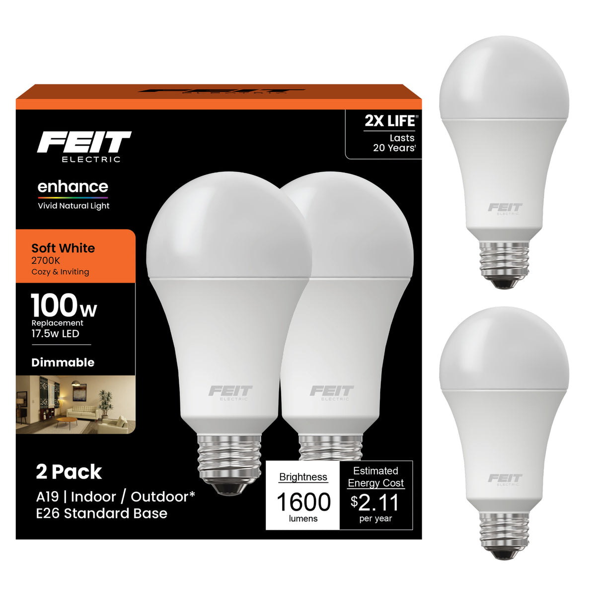 100W Replacement Soft White A19 Dimmable LED Enhance LED (2-Pack)