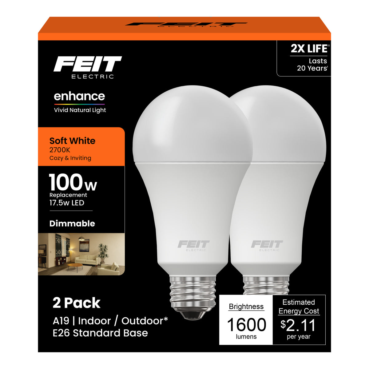 100W Replacement Soft White A19 Dimmable LED Enhance LED (2-Pack)