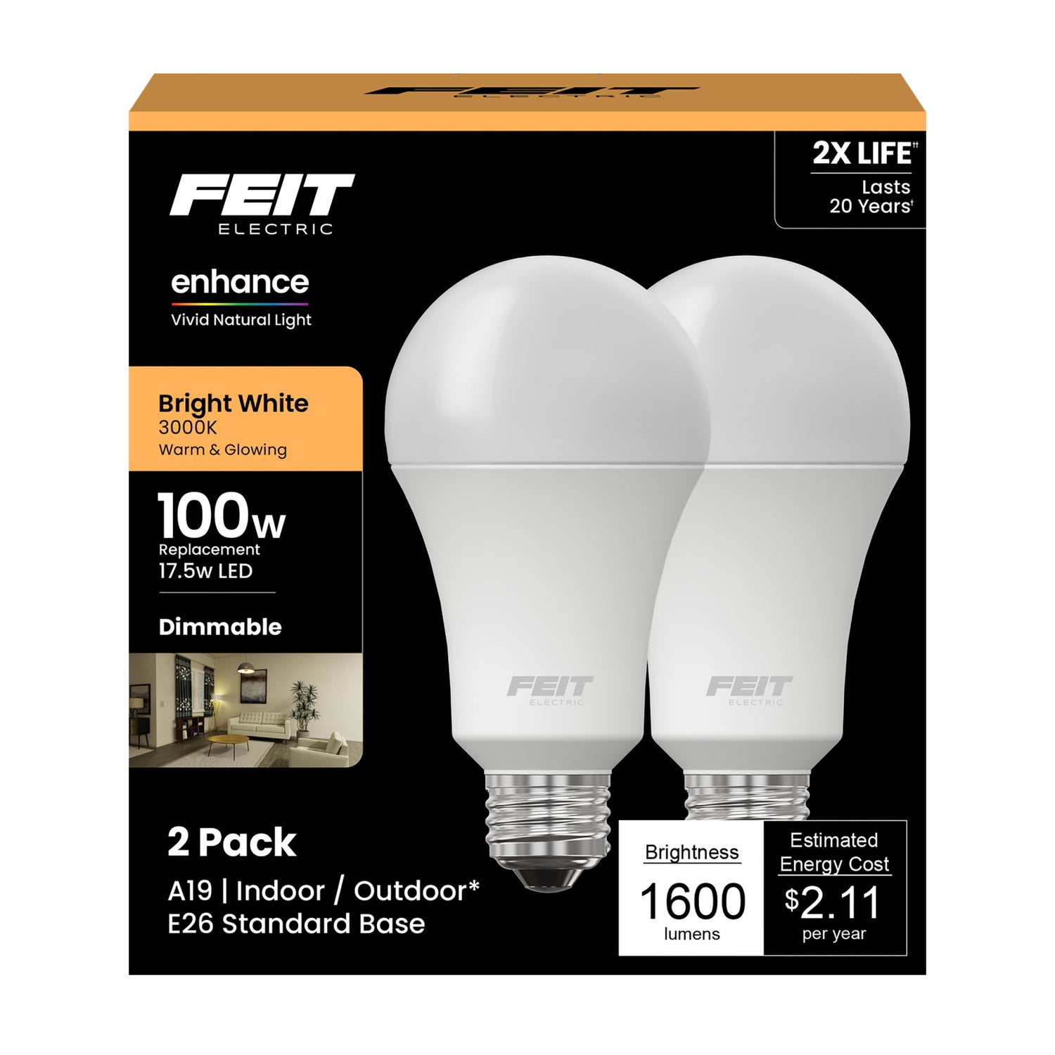 17.5W (100W Replacement) Warm White (3000K) A19 (E26 Base) Dimmable Enhance LED (2-Pack)