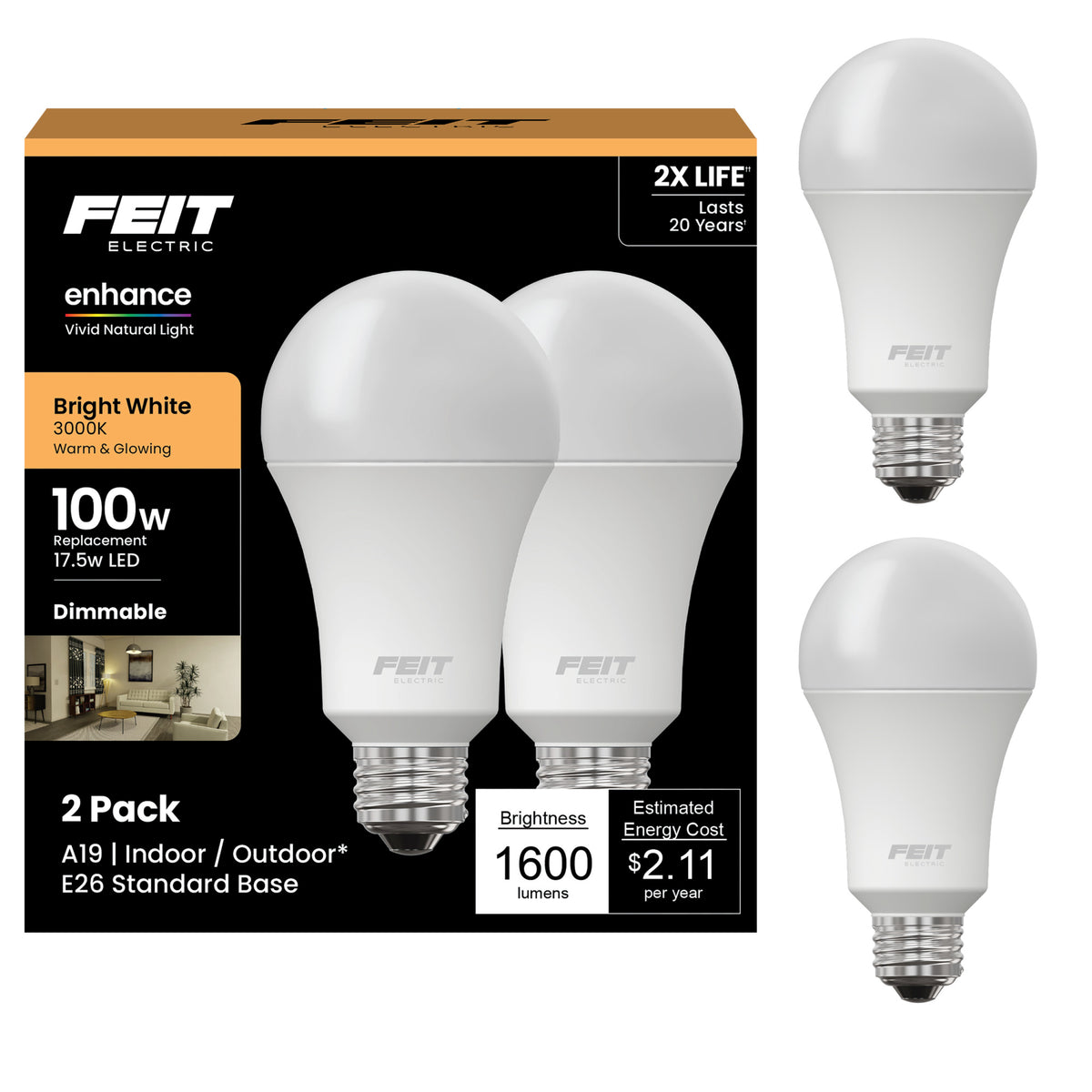 17.5W (100W Replacement) Warm White (3000K) A19 (E26 Base) Dimmable Enhance LED (2-Pack)