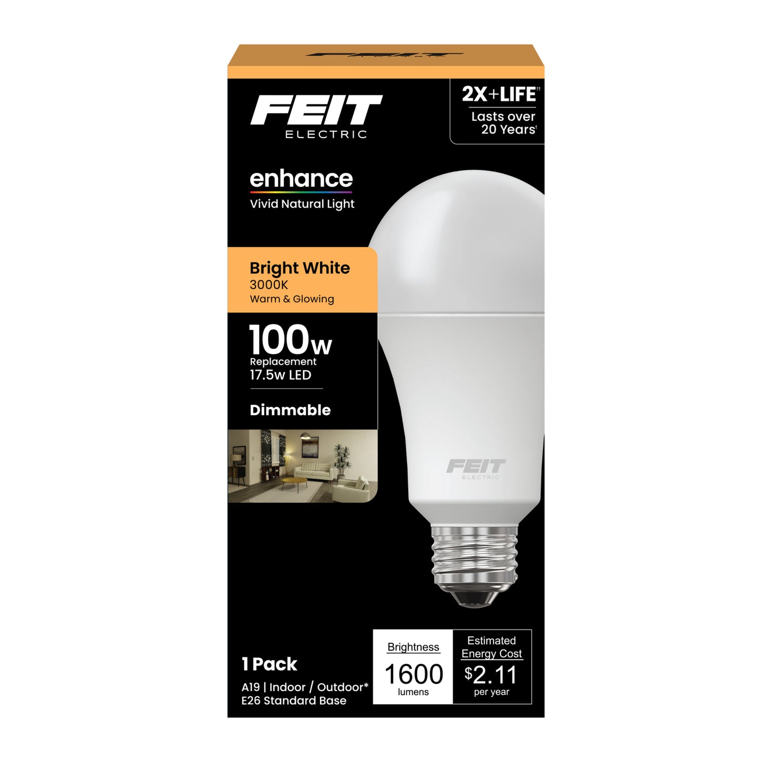17.5W (100W Replacement) Bright White (3000K) A19 (E26 Base) Dimmable Enhance LED