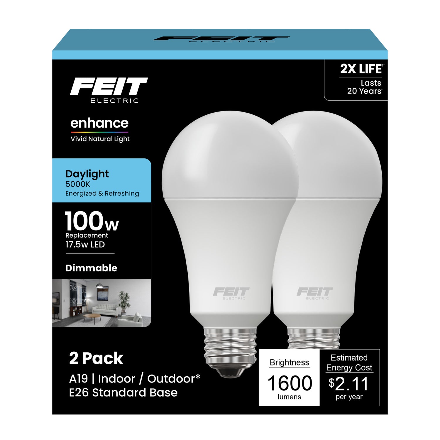 17.5W (100W Replacement) Daylight (5000K) A19 (E26 Base) Dimmable Enhance LED Bulb (2-Pack)