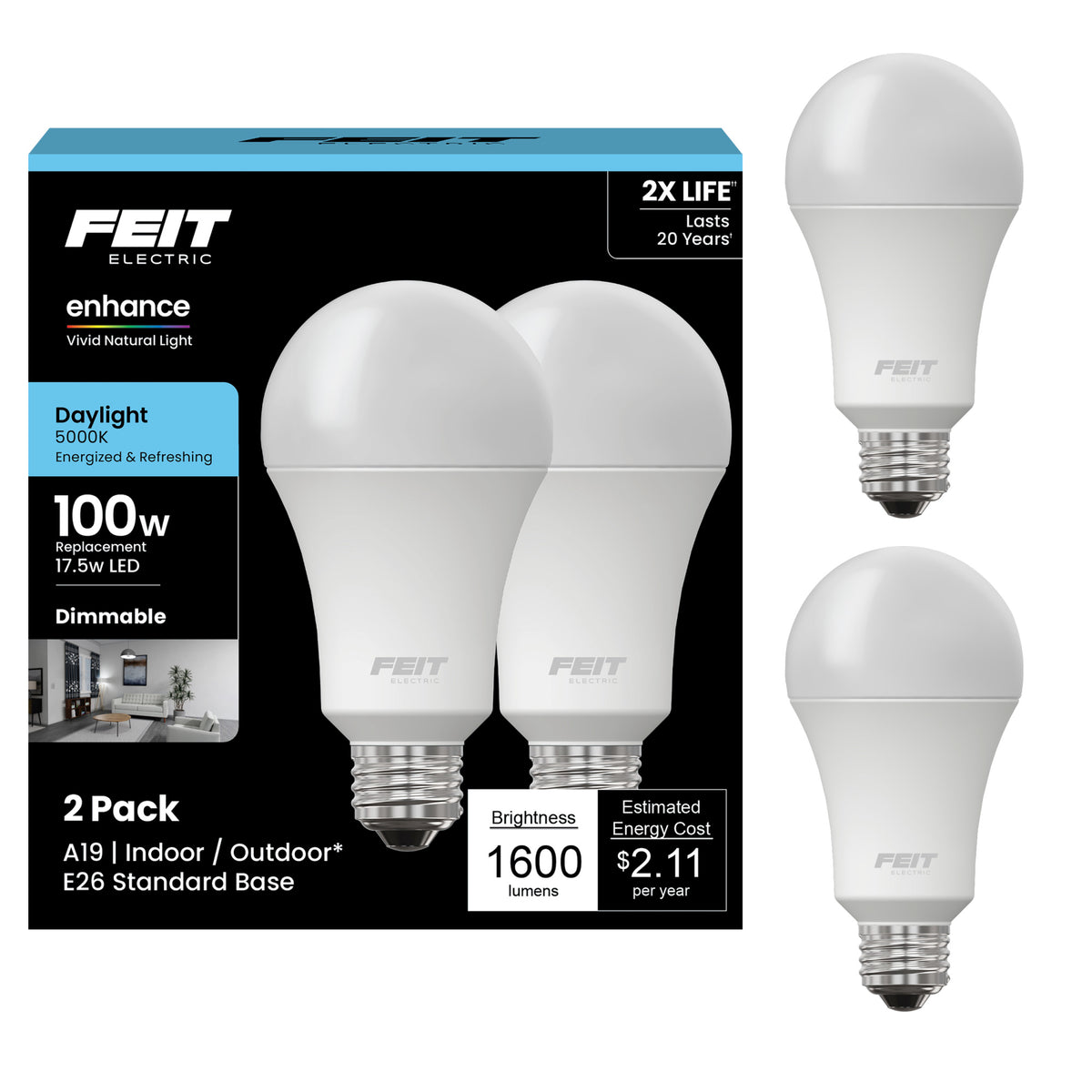 17.5W (100W Replacement) Daylight (5000K) A19 (E26 Base) Dimmable Enhance LED Bulb (2-Pack)