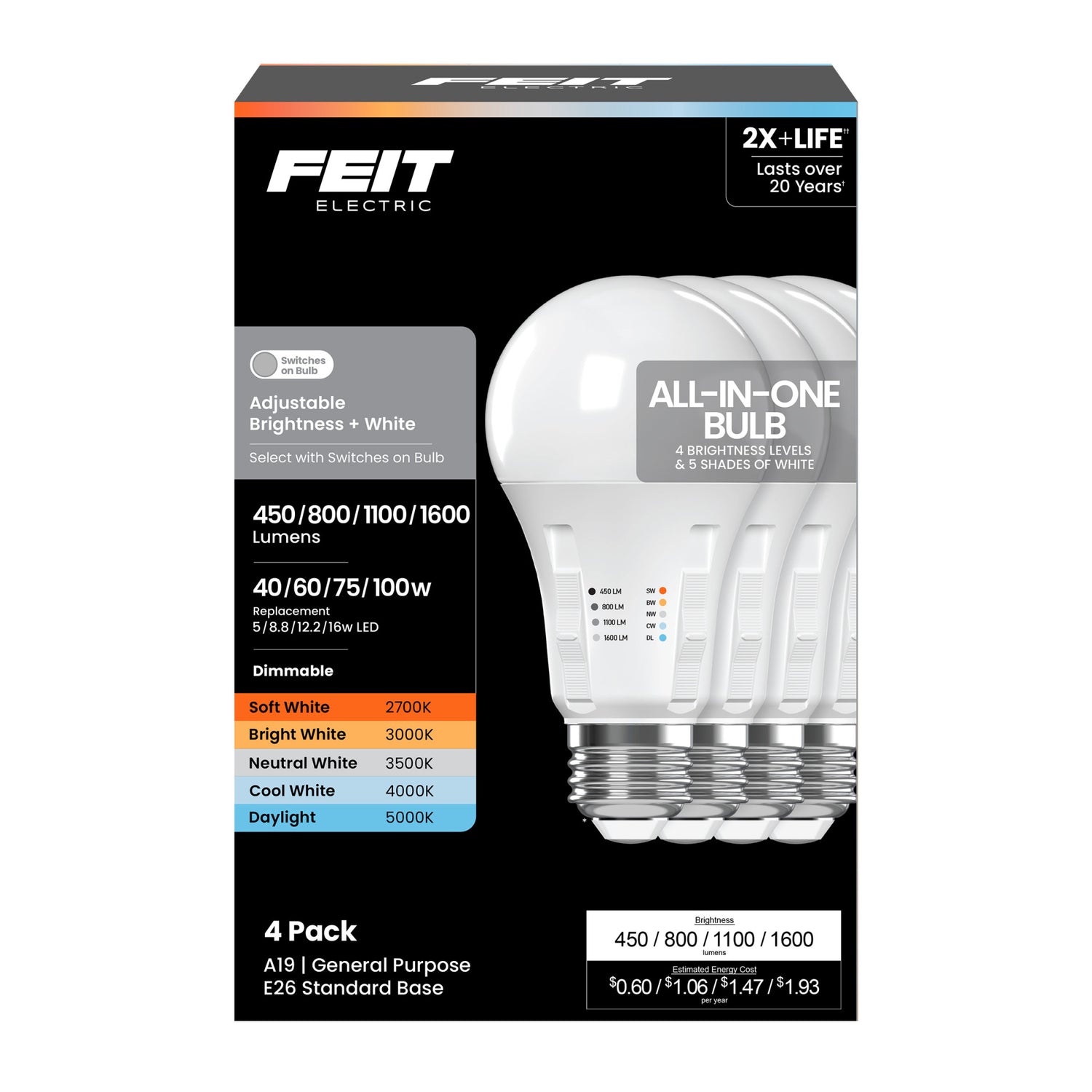 All-in-One Adjustable Brightness Adjustable White LED Light Bulb (4-Pack)