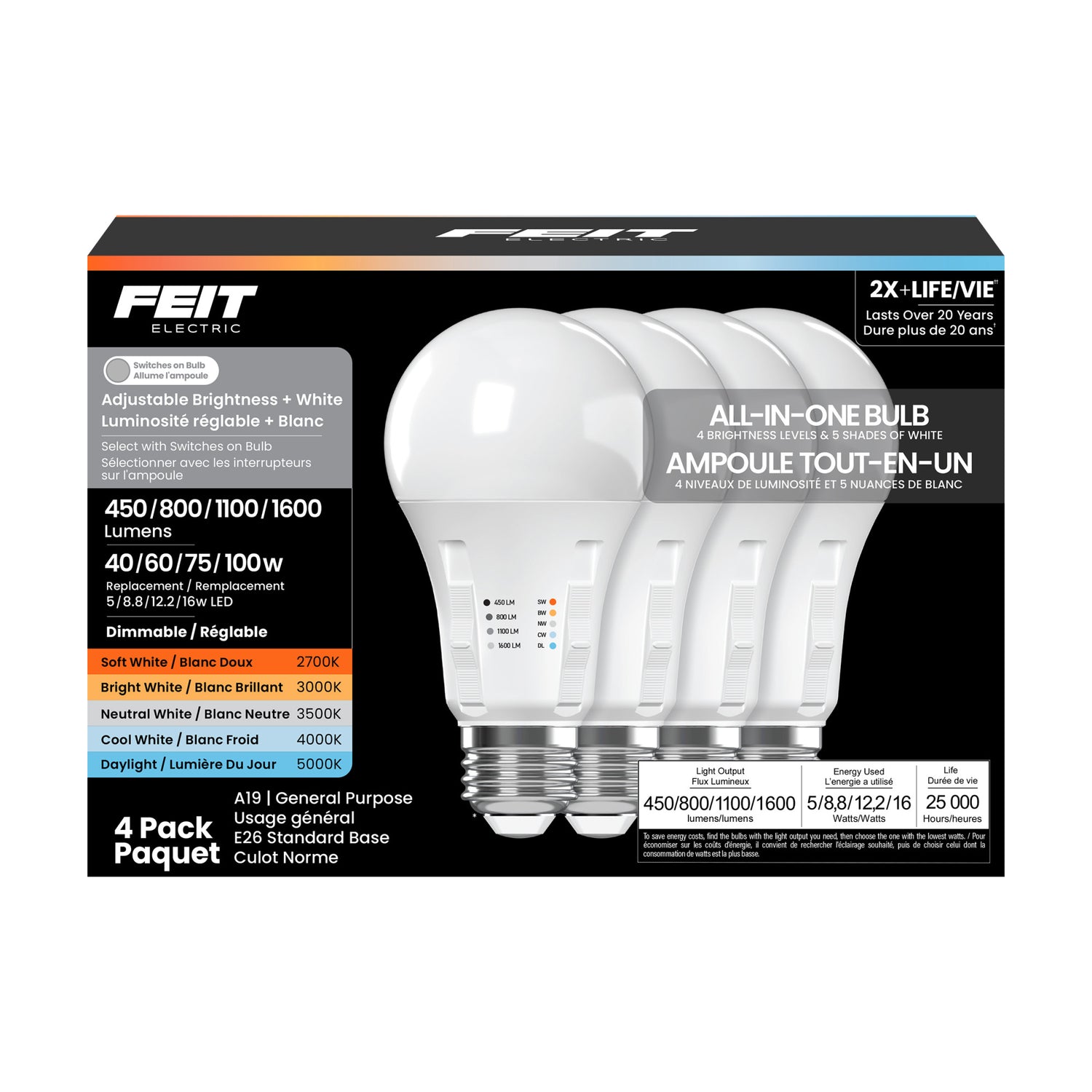 All-in-One Adjustable Brightness Adjustable White LED Light Bulb (4-Pack)