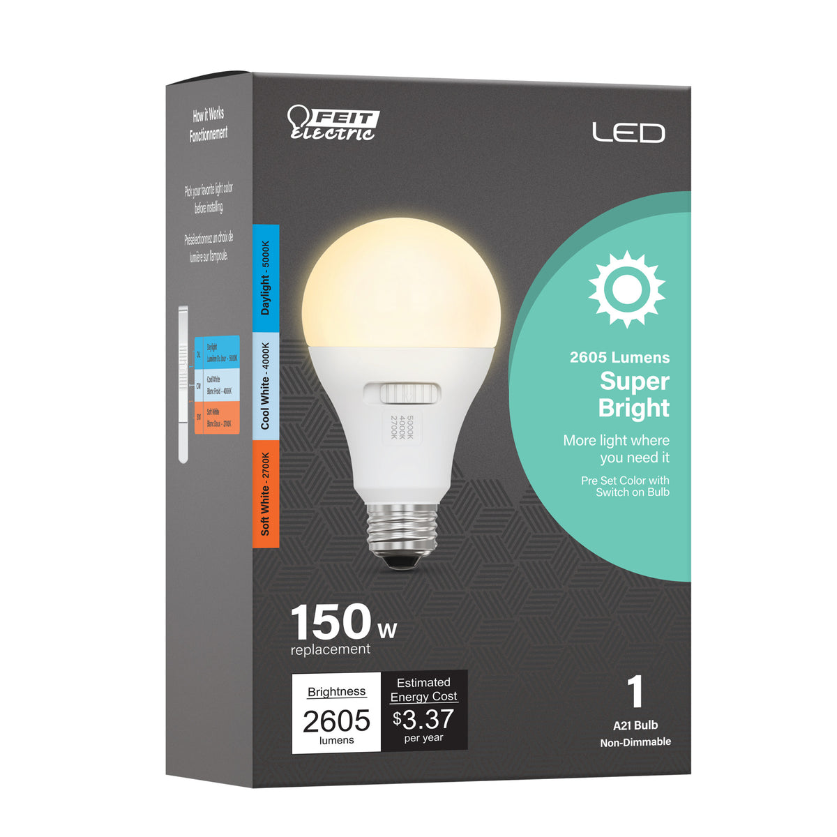 28W (150W Replacement) Adjustable White (3CCT) A21 LED Light Bulb