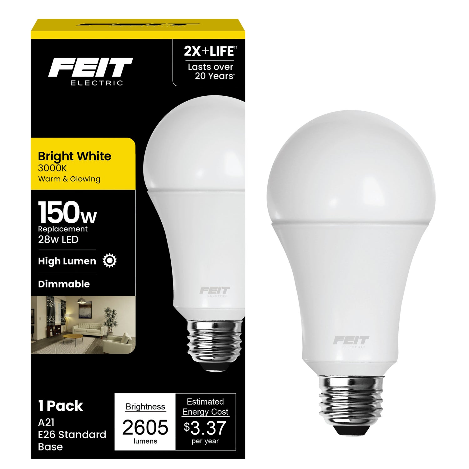 28W (150W Replacement) Bright White (3000K) A21 E26 Base Dimmable High Lumen LED
