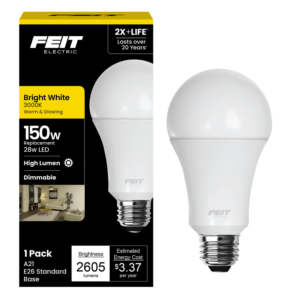 28W (150W Replacement) Bright White (3000K) A21 E26 Base Dimmable High Lumen LED