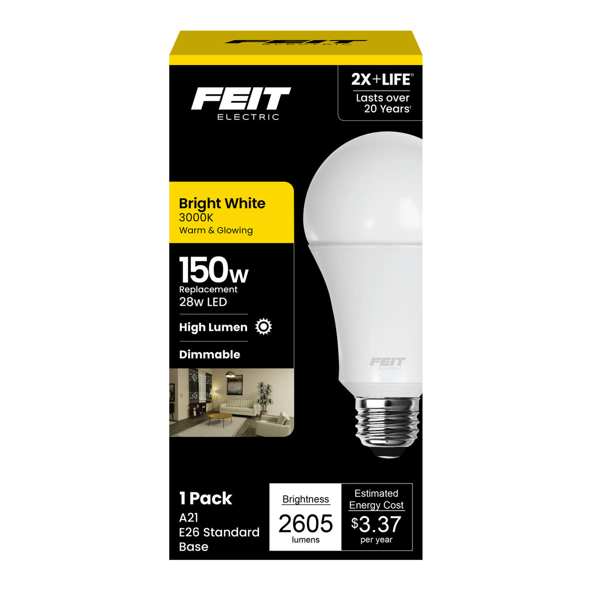 28W (150W Replacement) Bright White (3000K) A21 E26 Base Dimmable High Lumen LED