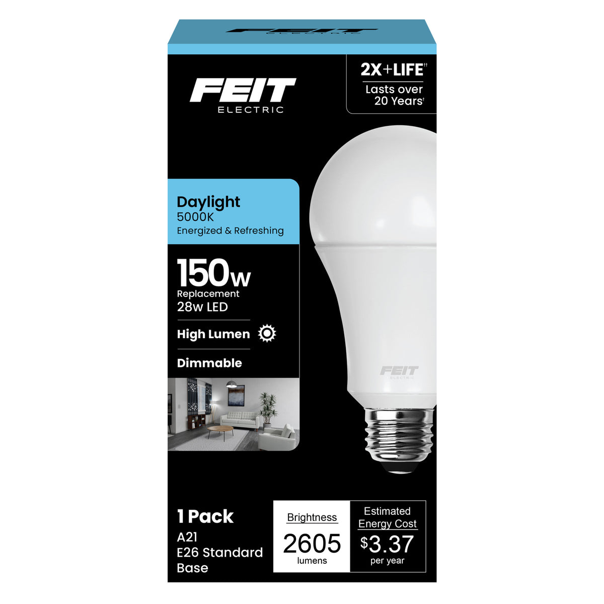 28W (150W Replacement) Daylight (5000K) E26 Base A21 Dimmable High Lumen LED Bulb