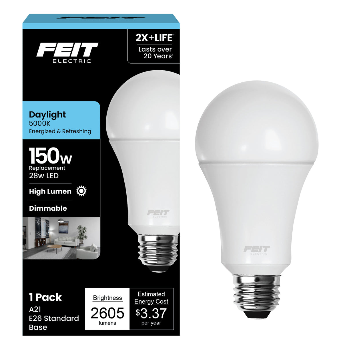 28W (150W Replacement) Daylight (5000K) E26 Base A21 Dimmable High Lumen LED Bulb