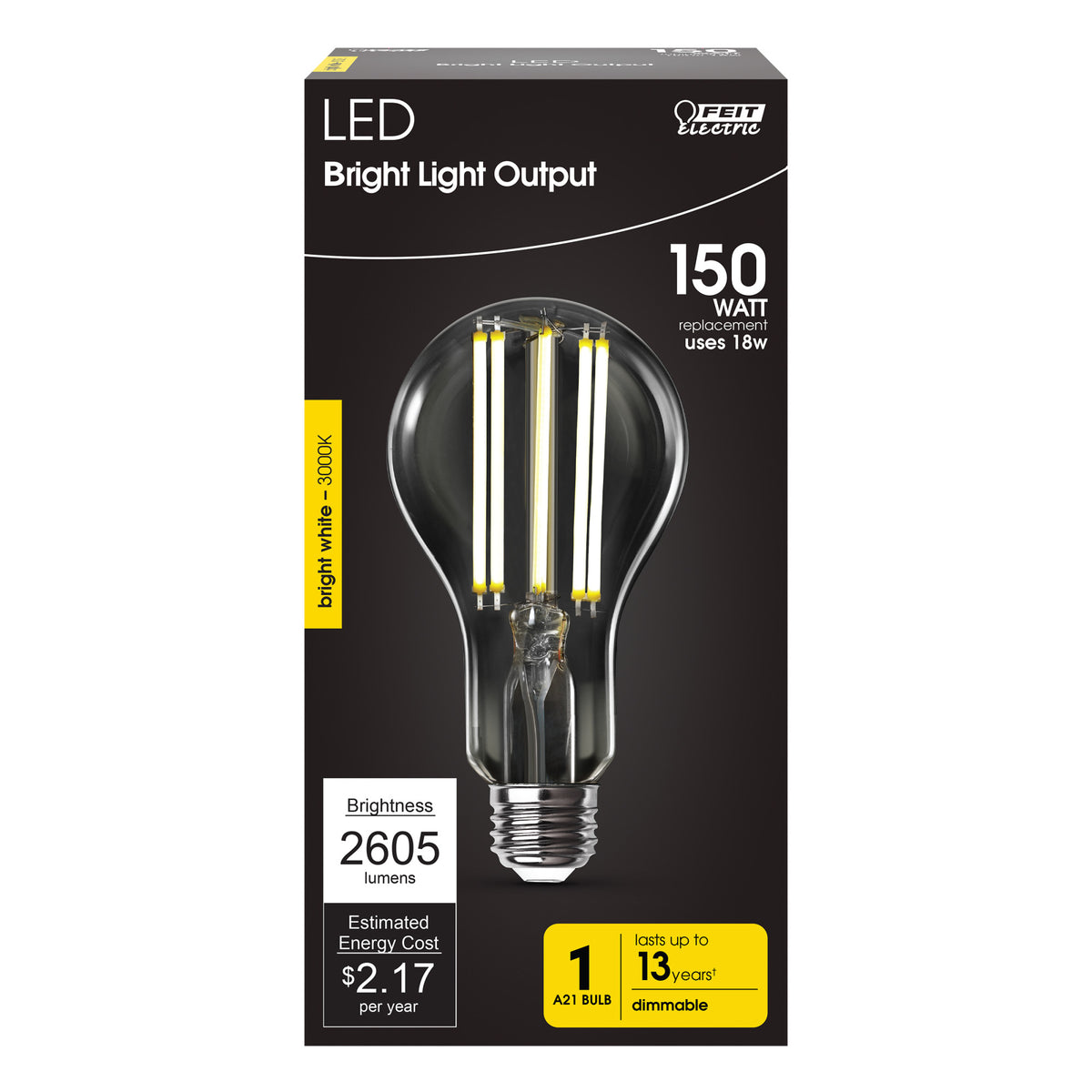 18W (150W Replacement) Bright White (3000K) A21 E26 Base Dimmable Bright Light Output LED Filament Light Bulb