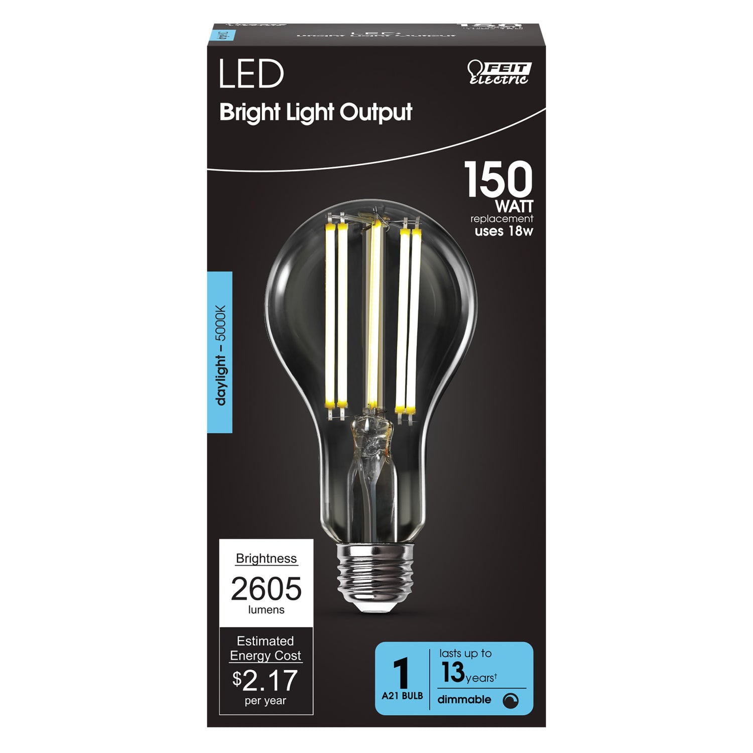 18W (150 W Replacement) Daylight (5000K) A21 E26 Base Dimmable Bright Light Output LED Filament Light Bulb