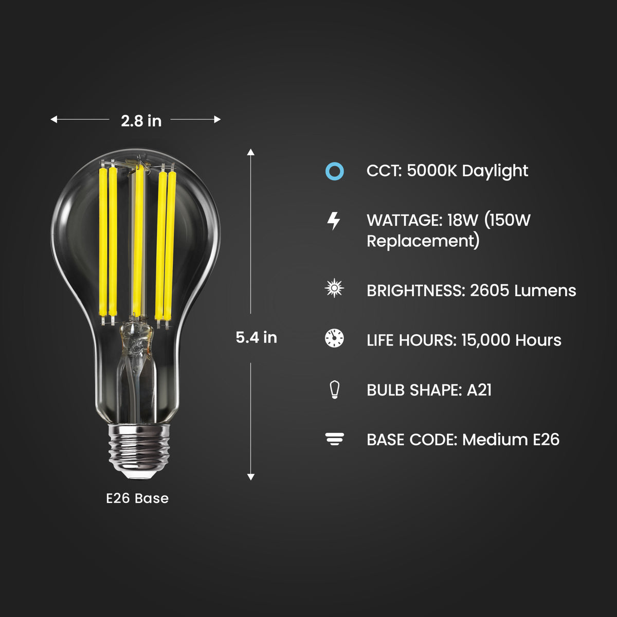 18W (150 W Replacement) Daylight (5000K) A21 E26 Base Dimmable Bright Light Output LED Filament Light Bulb