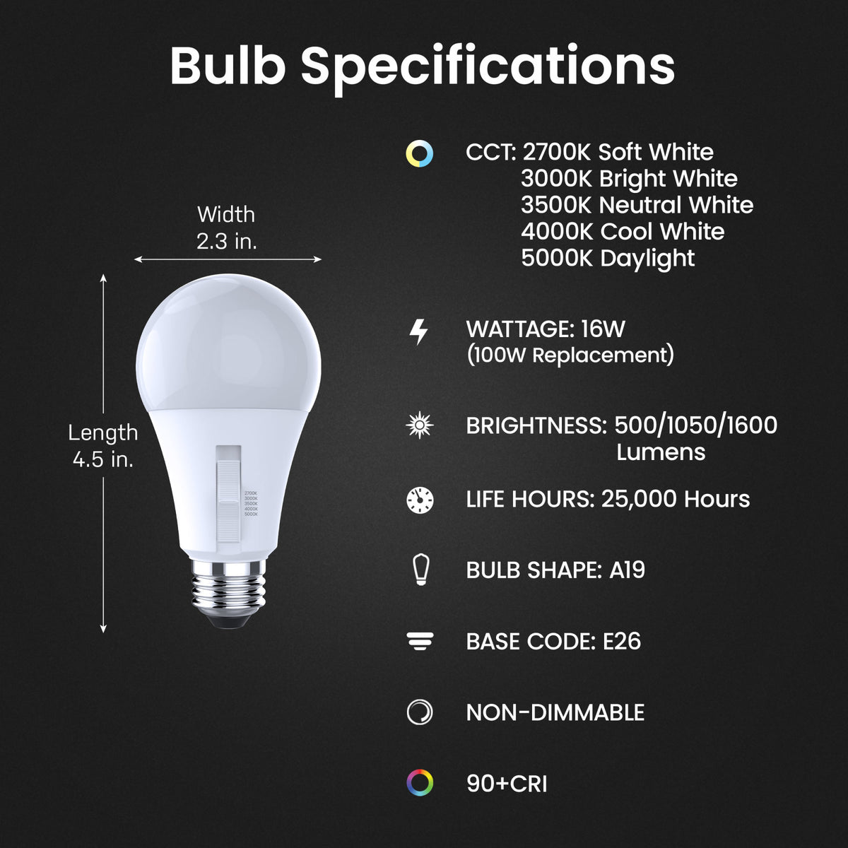 5/9/16W (30/70/100W Replacement) Adjustable White E26 Base A19 Non-Dimmable 3-Way Switch LED Bulb