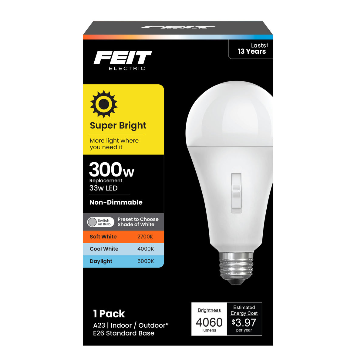 33W (300W Replacement) Adjustable White A23 LED Bulb
