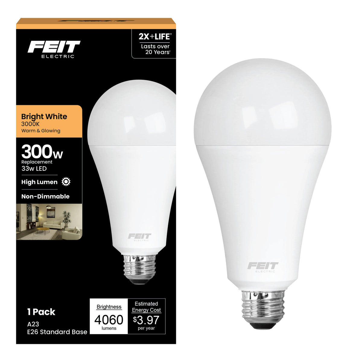 33W (300W Replacement) Bright White (3000K) E26 Base A23 High Output LED