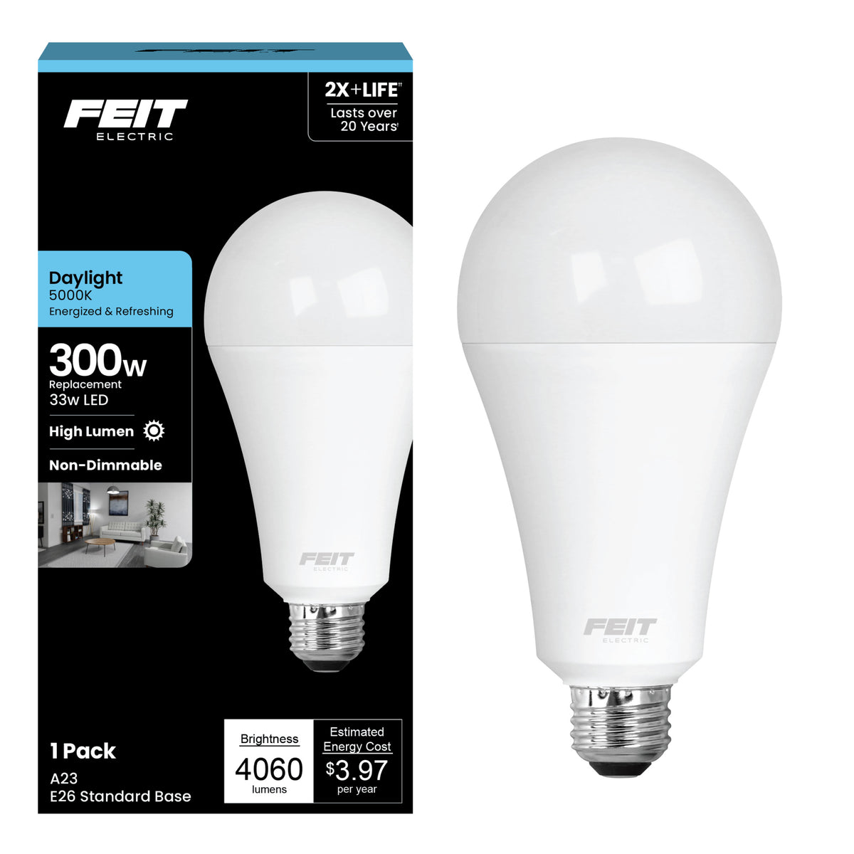 33W (300W Replacement) Daylight (5000K) E26 Base A23 High Output LED