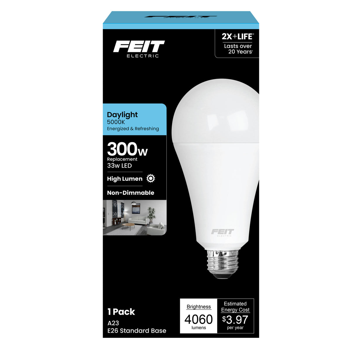 33W (300W Replacement) Daylight (5000K) E26 Base A23 High Output LED