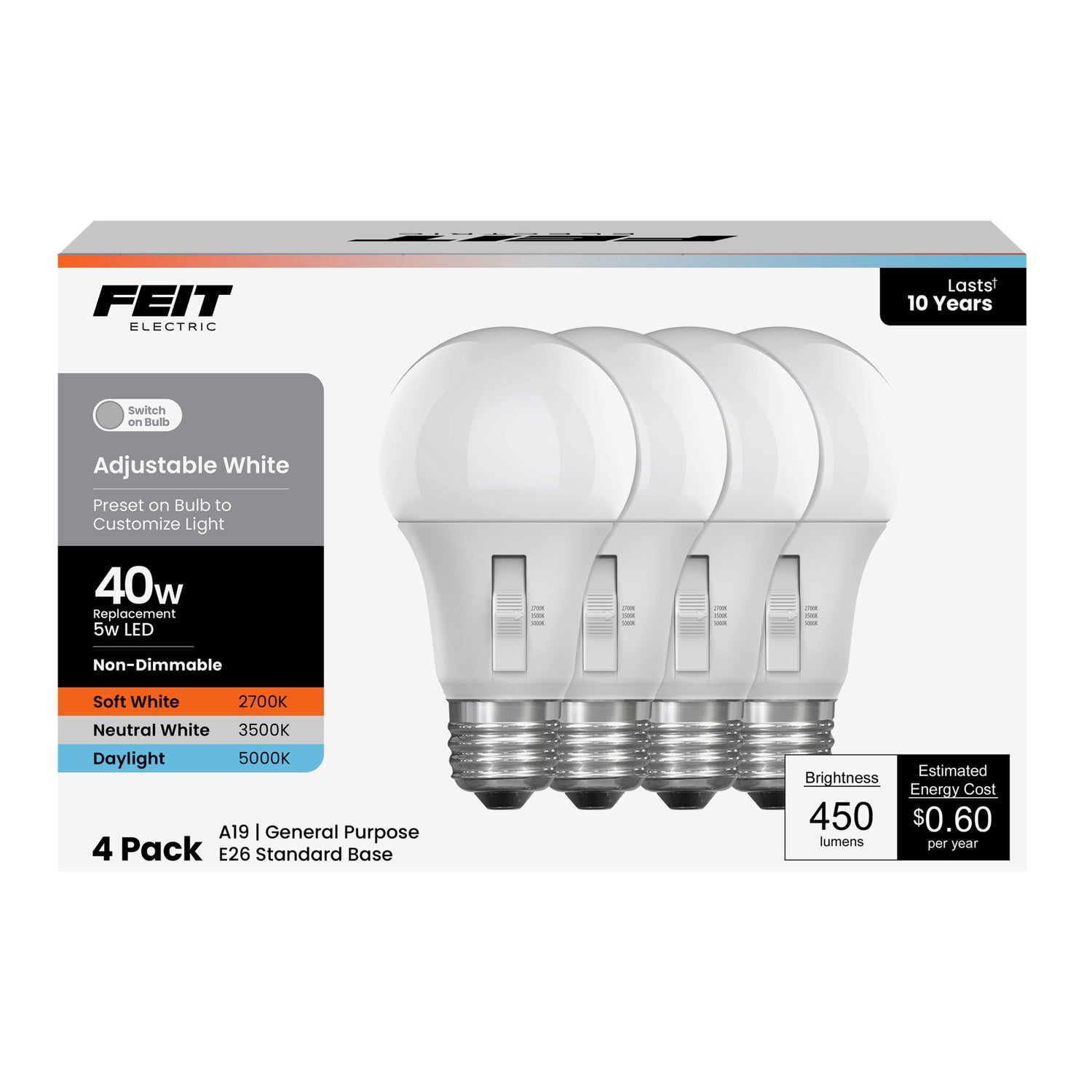 5W (40W Replacement) Adjustable White E26 Base A19 Non-Dimmable LED Bulb (4-Pack)