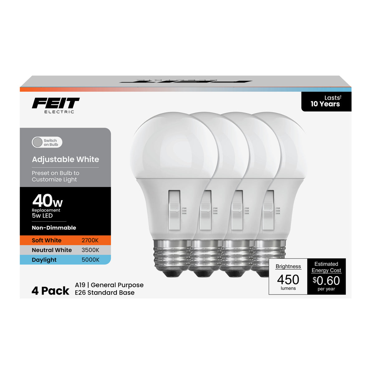 5W (40W Replacement) Adjustable White E26 Base A19 Non-Dimmable LED Bulb (4-Pack)