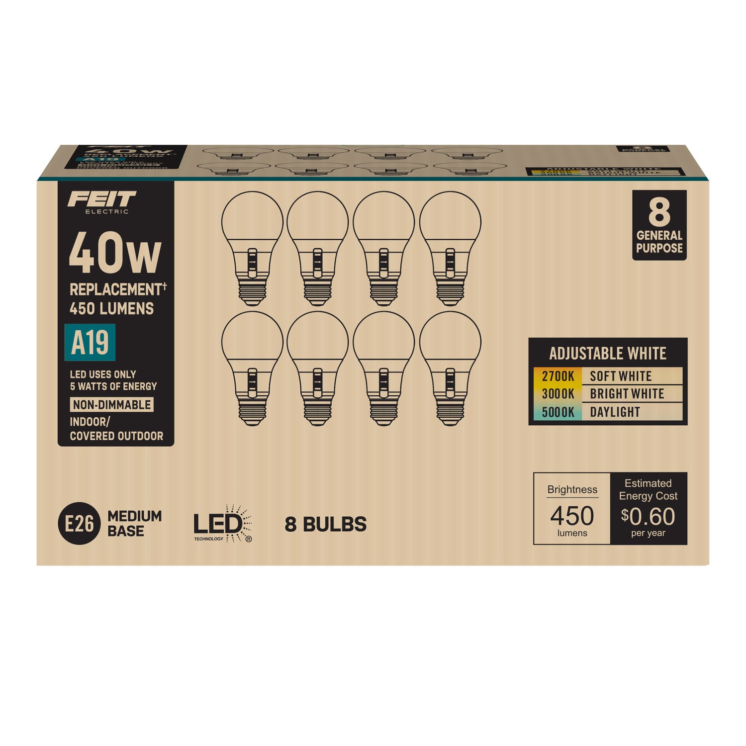5W (40W Replacement) Adjustable White E26 Base A19 Non-Dimmable LED Bulb (8-Pack)