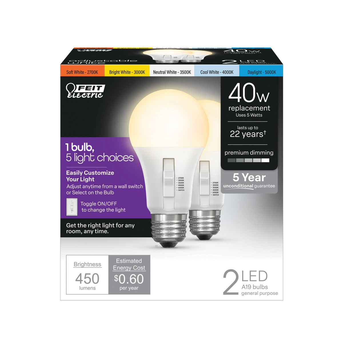 5W (40-Watt Equivalent) Adjustable White (5CCT) A19 E26 Base Dimmable General-Purpose LED Bulb with Switch Mode (2-Pack)